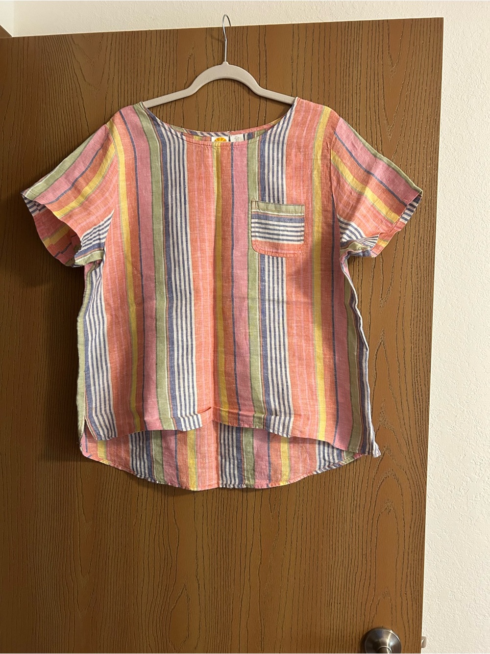 Women’s ' Multicolor Striped Short-Sleeve Tee - Pink & Yellow Linen pullover